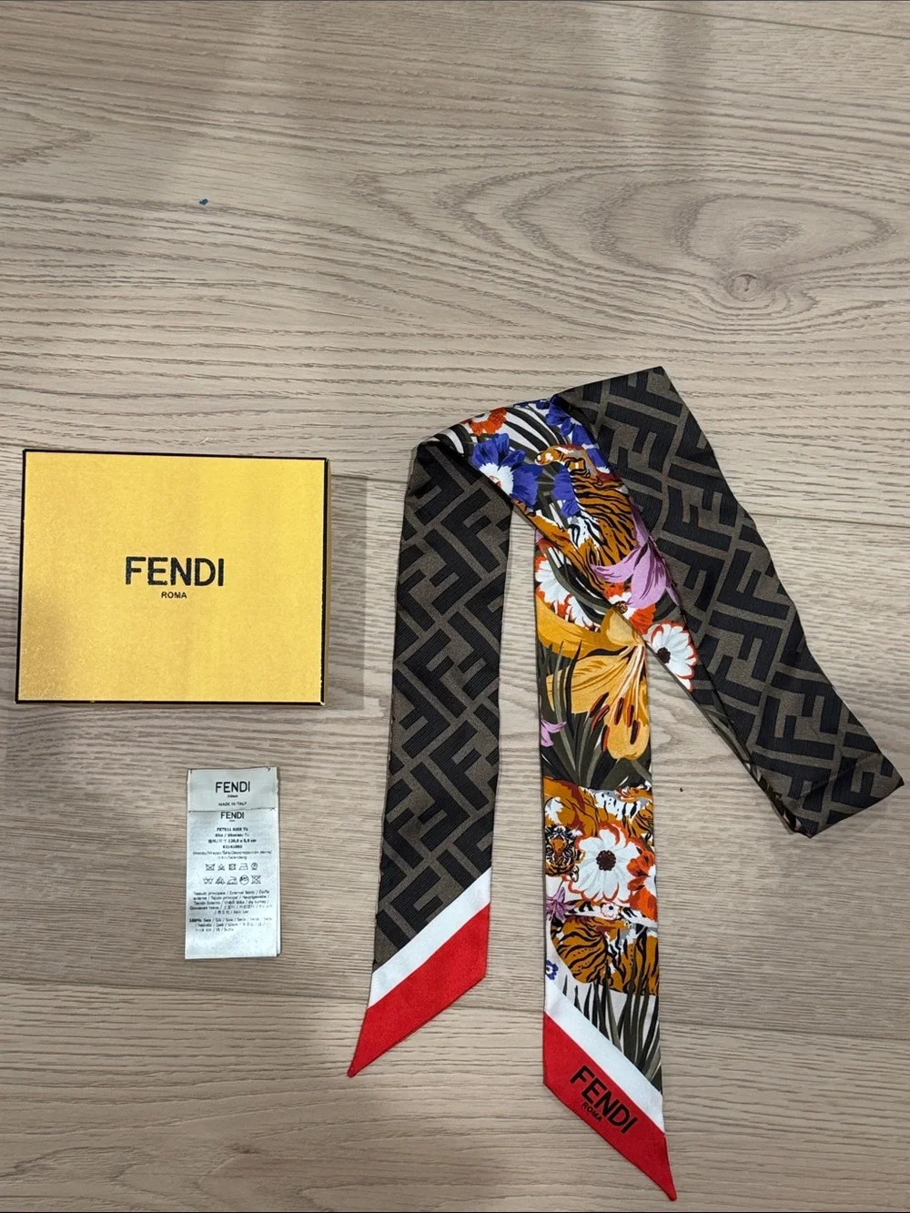 Fendi Brown FF Logo Silk Scarf with Floral & Red Accents